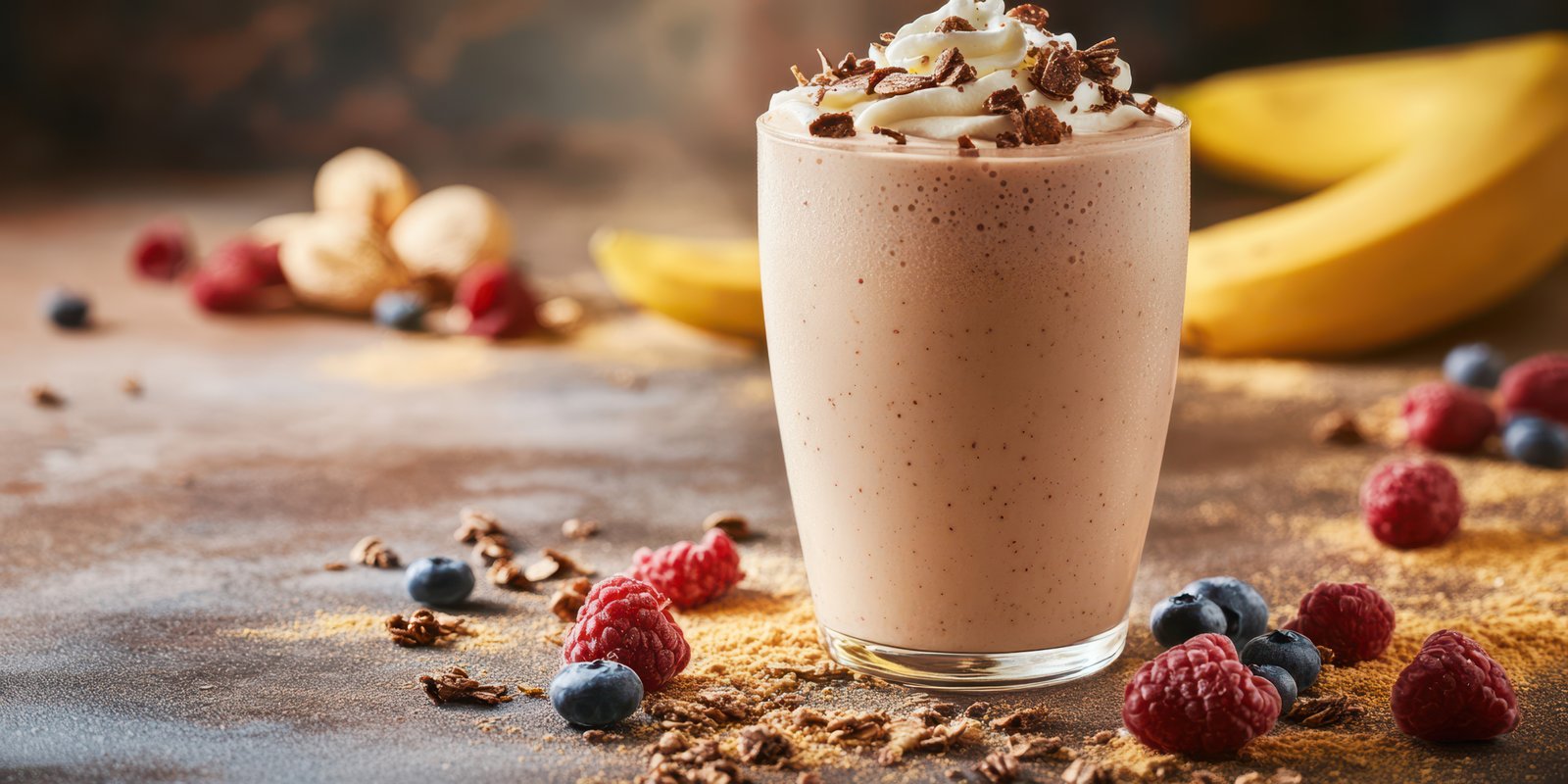 Creamy banana smoothie topped with whipped cream and chocolate shavings garnished with fresh berries on wooden table